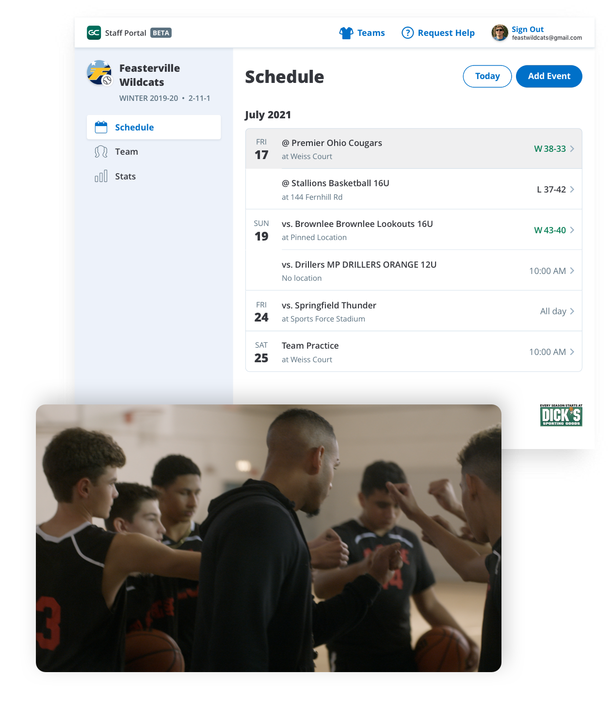 GameChanger Team Manager web portal for basketball team, schedule