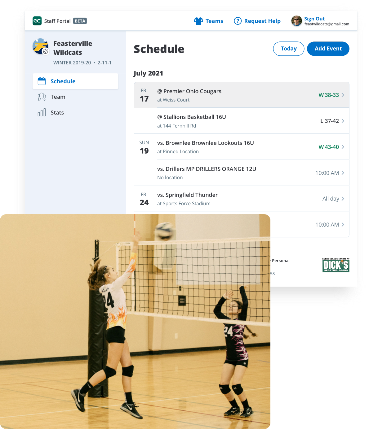 GameChanger Team Manager web portal for girls' volleyball team, schedule